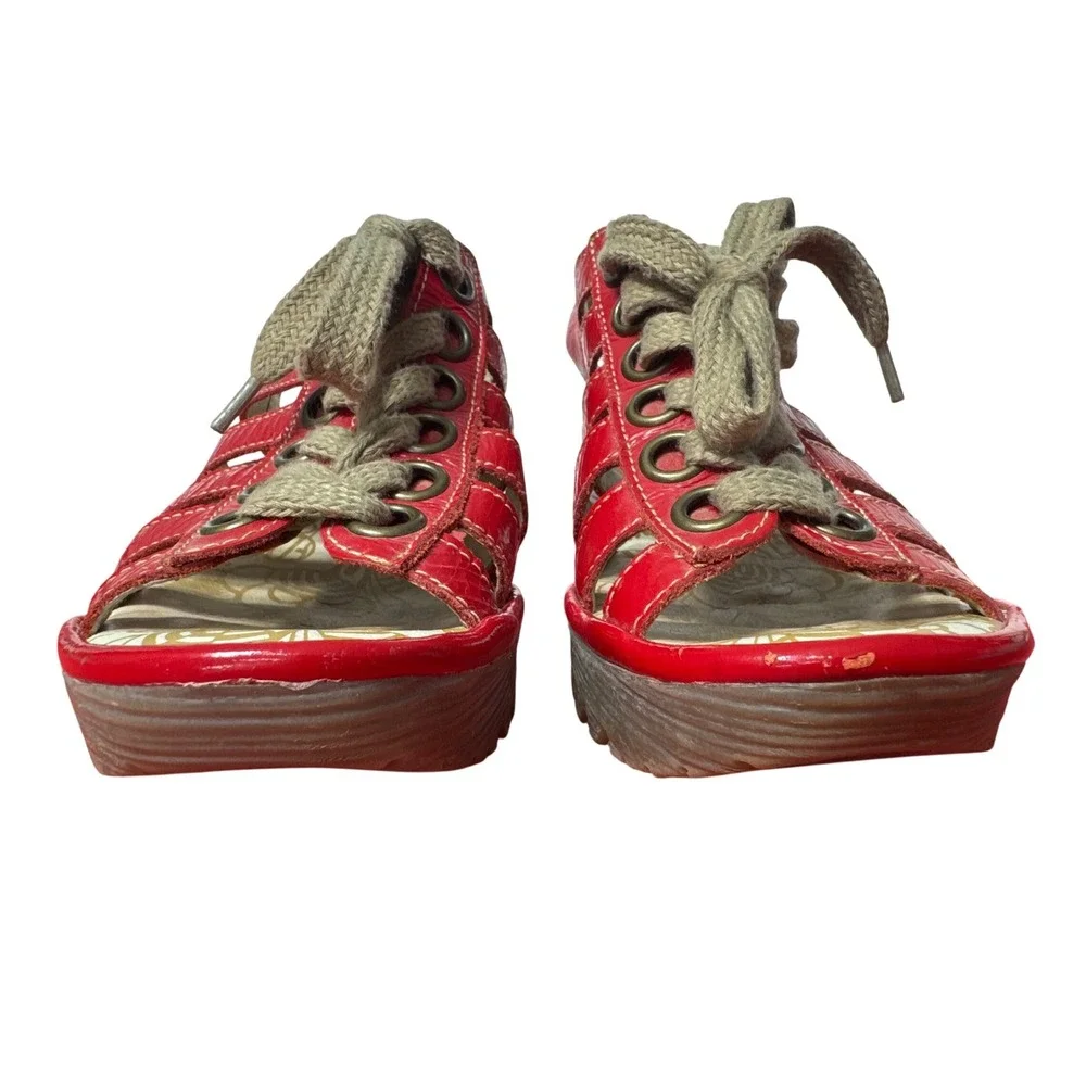 Fly London Wedge Sandals Women 37 Red Good Lace Up Gladiator Platform P500459016